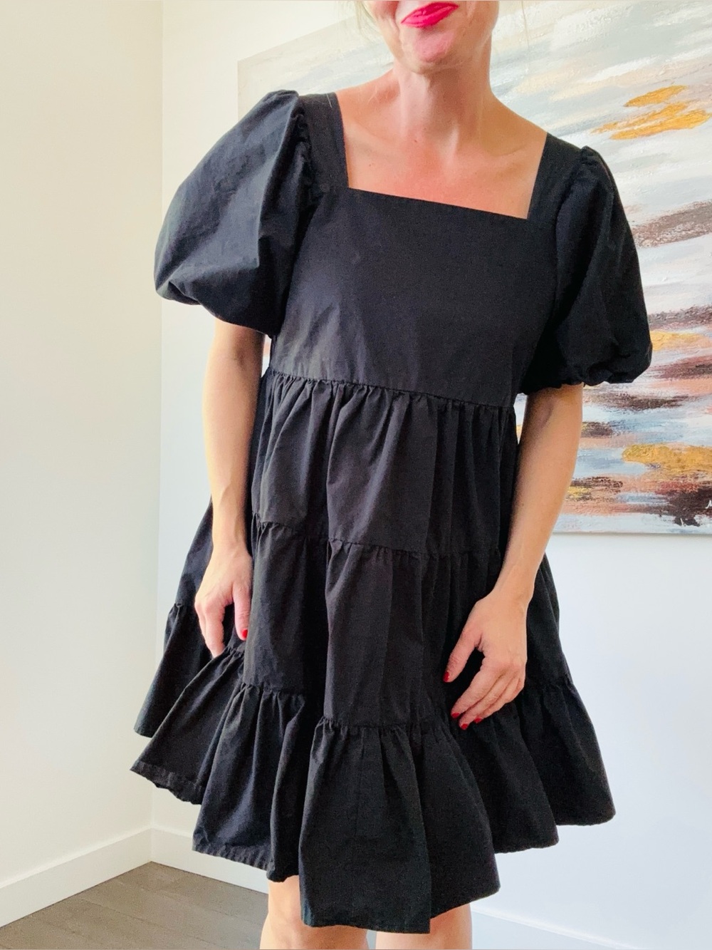 OAK + FORT Black Puff Sleeve Tiered Cotton Mini Dress Size L